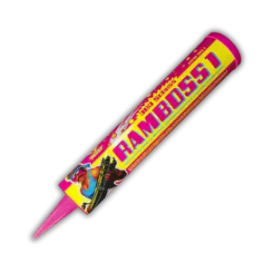 Albert Feuerwerk Ramboss 1 F2 mit 380 Schuss und 266g NEM mit Brokatsternen, Neonfarben in Aqua, Lemon und Pink sowie Silbercracker-Finale.