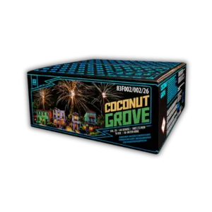 Argento Coconut Grove F2 Verbund mit 144 Schuss, 25mm Kaliber und 1.987,2g NEM mit Blinkschweifen, Dahliensternen, Blütensternen und Blinkpalmen.