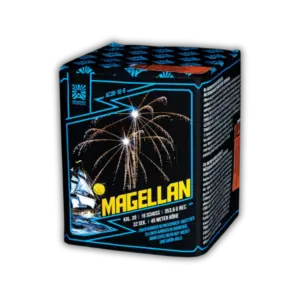 Argento Magellan F2 Batterie mit 16 Schuss, 30mm Kaliber und 353,6g NEM mit zweifarbigen Blinkweiden in Rot-Weiß und Grün-Gold.