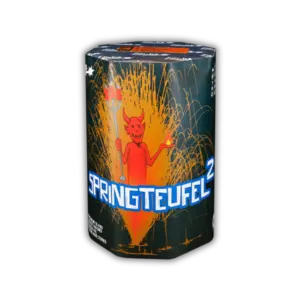 Funke Springteufel 2 F2 mit 300g NEM, großer Goldfontäne mit blauer Leuchtbasis und abschließender 8-Schuss-Salve aus Titangold und blauen Dahliensternen.