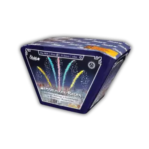 Funke Weißblinker-Regen F2 Batterie mit 25 Schuss, 20mm Kaliber und 225g NEM mit farbigen Leuchtspuren und weißen Blinker-Wasserfällen.